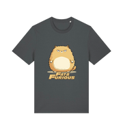 grey funny t-shirt with a cartoon cat graphic and 'Fat & Furious' slogan