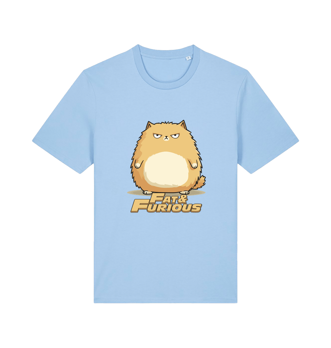 light blue funny t-shirt with a cartoon cat graphic and 'Fat & Furious' slogan