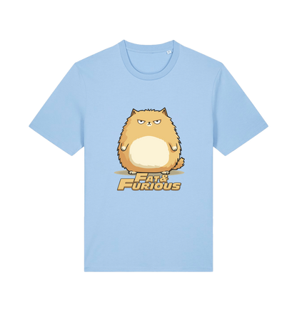 light blue funny t-shirt with a cartoon cat graphic and 'Fat & Furious' slogan