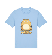 light blue funny t-shirt with a cartoon cat graphic and 'Fat & Furious' slogan