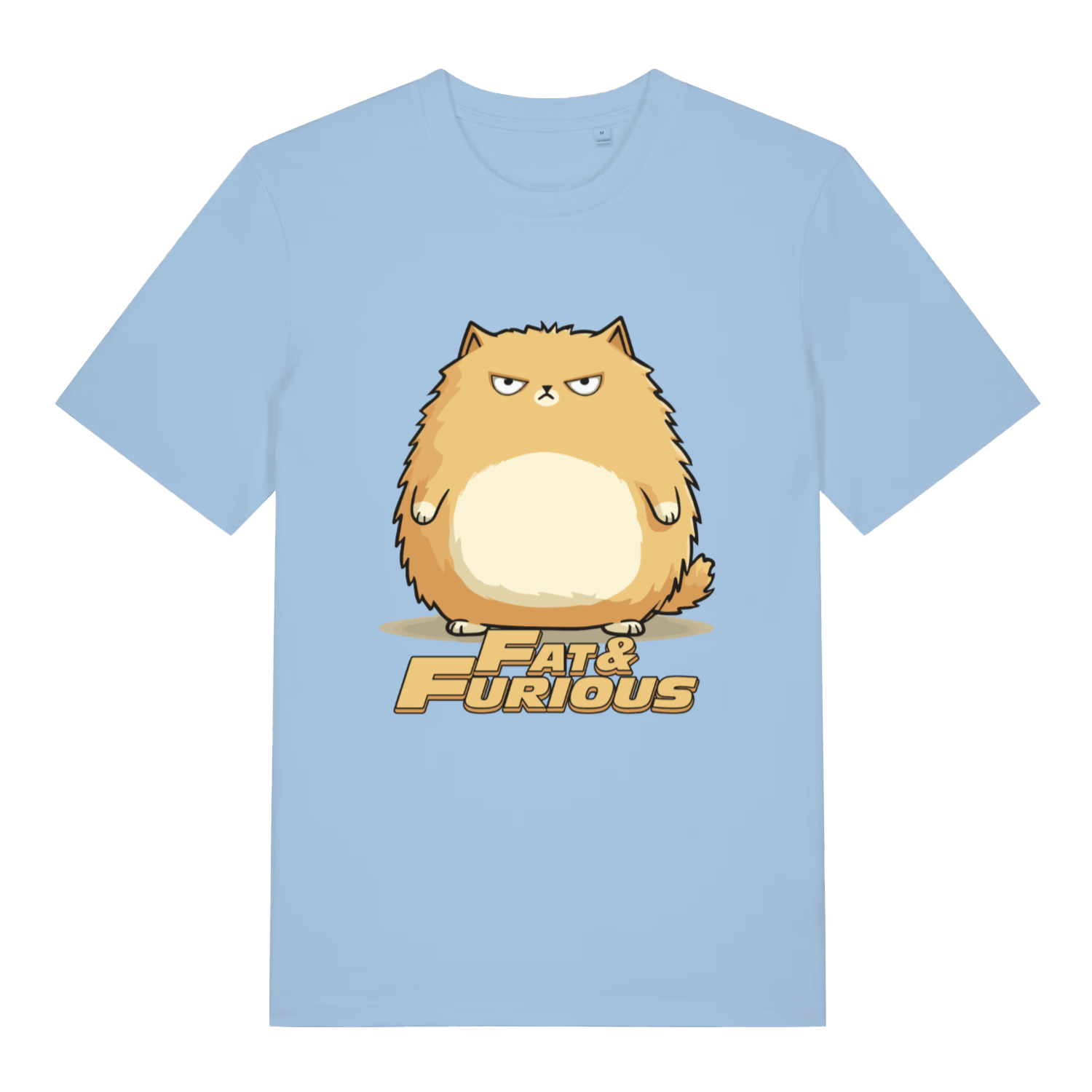Light Blue Fat & Furious T-shirt flat lay with funny fat cat "Fat & Furious" slogan