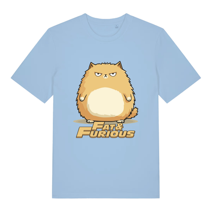 Light Blue Fat & Furious T-shirt flat lay with funny fat cat "Fat & Furious" slogan