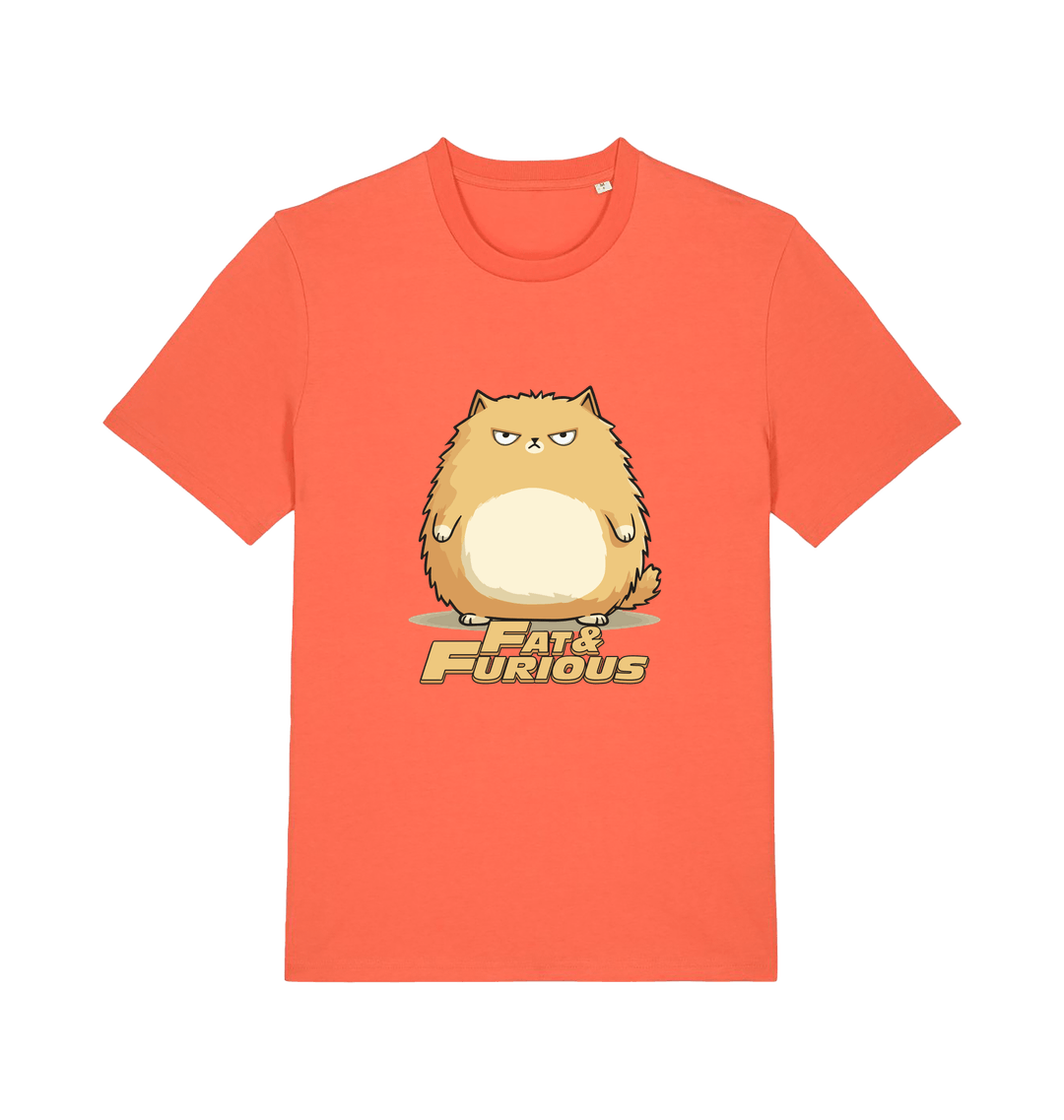 orange funny t-shirt with a cartoon cat graphic and 'Fat & Furious' slogan