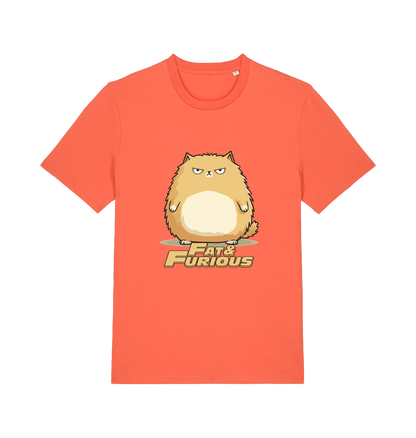 orange funny t-shirt with a cartoon cat graphic and 'Fat & Furious' slogan