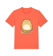 orange funny t-shirt with a cartoon cat graphic and 'Fat & Furious' slogan