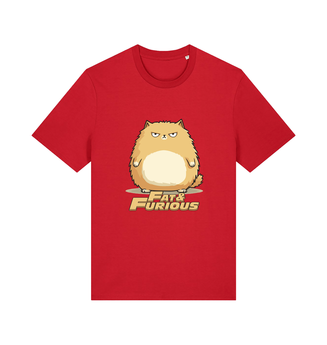 red funny t-shirt with a cartoon cat graphic and 'Fat & Furious' slogan