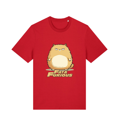red funny t-shirt with a cartoon cat graphic and 'Fat & Furious' slogan