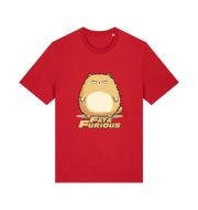 red funny t-shirt with a cartoon cat graphic and 'Fat & Furious' slogan