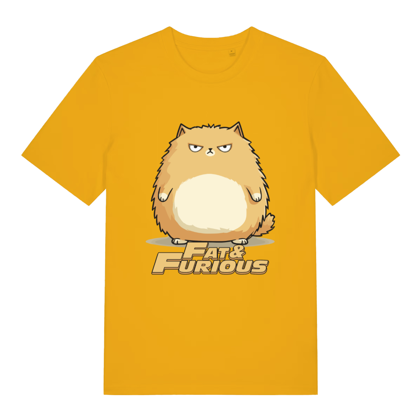 Yellow Fat & Furious T-shirt flat lay with vibrant chubby angry cat and "Fat & Furious" text