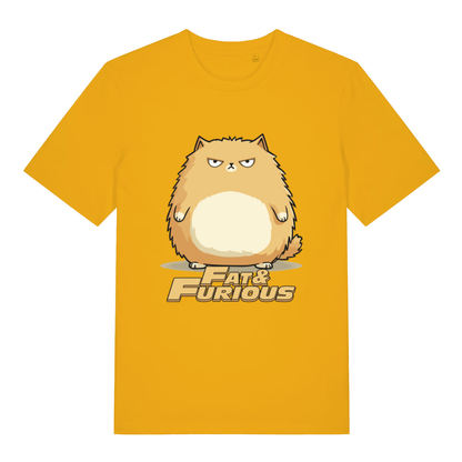 Yellow Fat & Furious T-shirt flat lay with vibrant chubby angry cat and "Fat & Furious" text