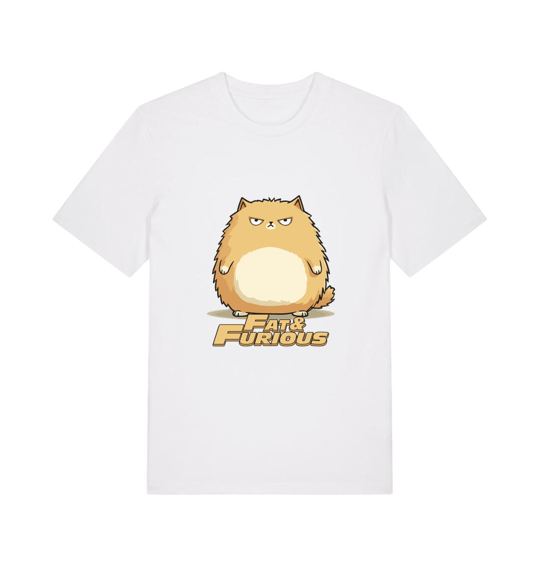 white funny t-shirt with a cartoon cat graphic and 'Fat & Furious' slogan