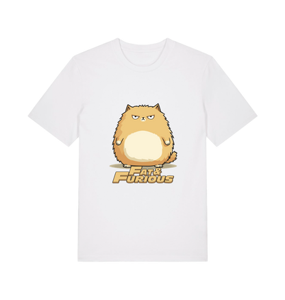 white funny t-shirt with a cartoon cat graphic and 'Fat & Furious' slogan