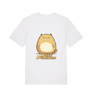 white funny t-shirt with a cartoon cat graphic and 'Fat & Furious' slogan