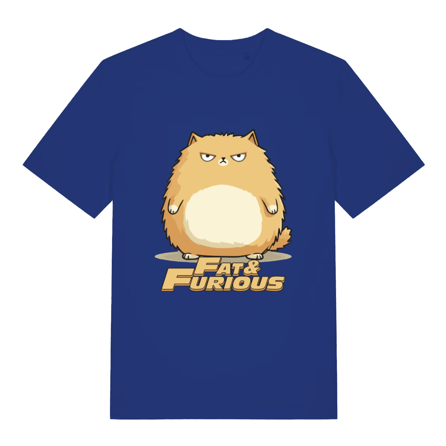 Worker Blue Fat & Furious T-shirt flat lay displaying angry round cat graphic artwork