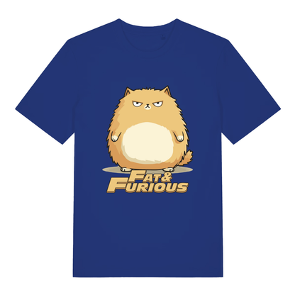 Worker Blue Fat & Furious T-shirt flat lay displaying angry round cat graphic artwork