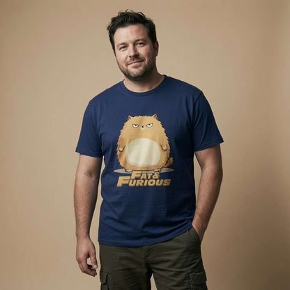 A man wearing a navy blue t-shirt with a cartoon graphic of a round, fluffy orange cat and the text 'The Fat and Furious'.