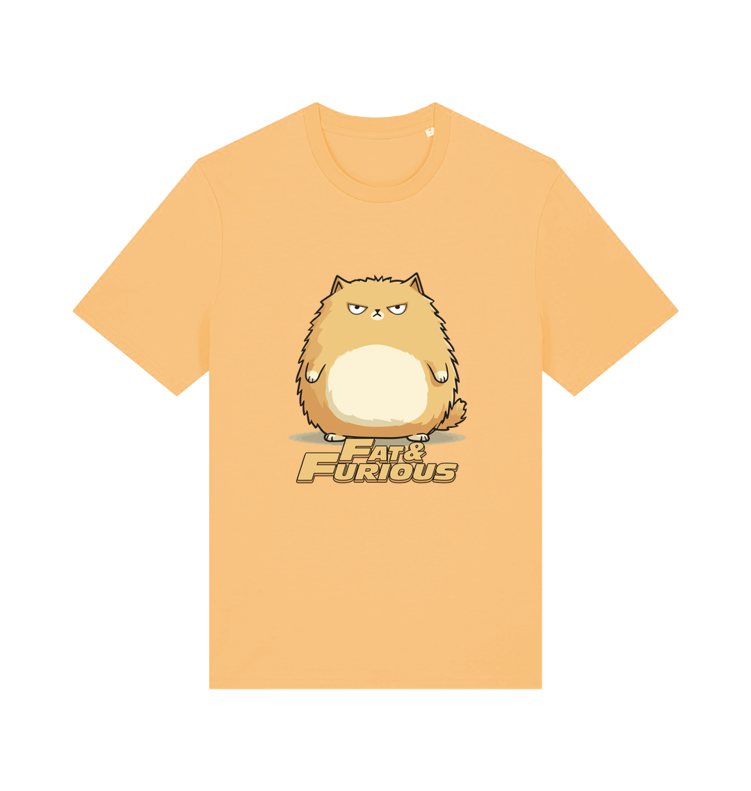 yellow funny t-shirt with a cartoon cat graphic and 'Fat & Furious' slogan