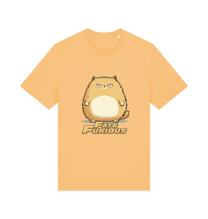 yellow funny t-shirt with a cartoon cat graphic and 'Fat & Furious' slogan