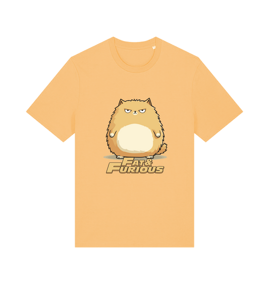 yellow funny t-shirt with a cartoon cat graphic and 'Fat & Furious' slogan