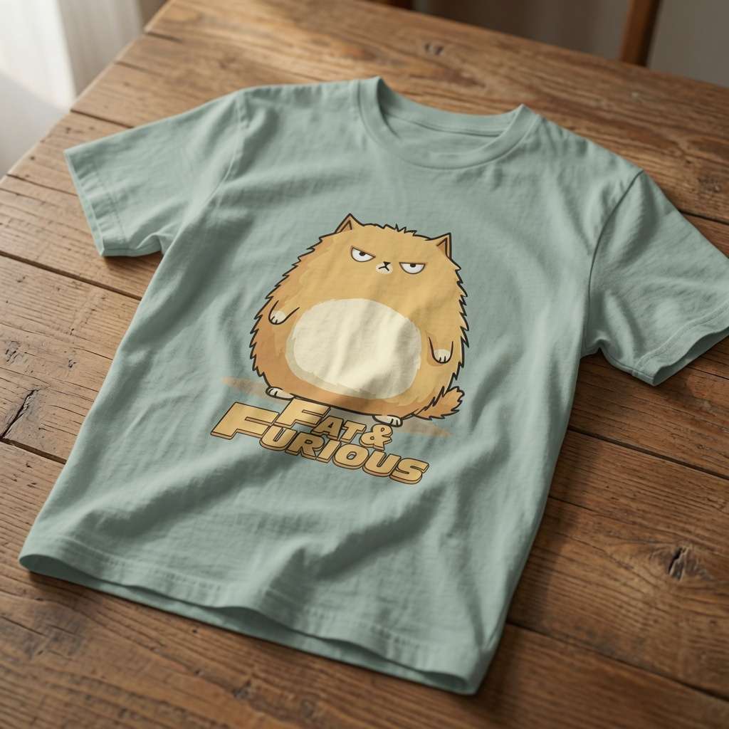 A sage green t-shirt featuring a cartoon graphic of a grumpy, fat orange cat with the text 'FAT & FURIOUS' underneath, laid flat on a rustic wooden table.