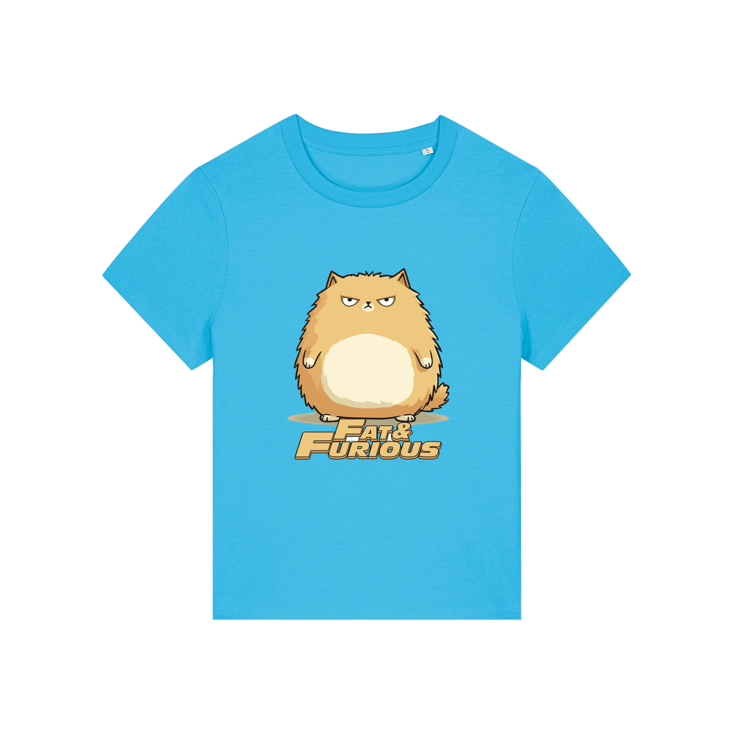 blue funny animal t-shirt with the graphic of a cartoon cat and the slogan 'fat and furious'