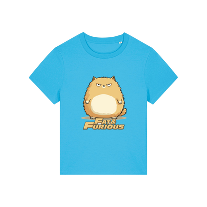 blue funny animal t-shirt with the graphic of a cartoon cat and the slogan 'fat and furious'