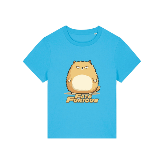 blue funny animal t-shirt with the graphic of a cartoon cat and the slogan 'fat and furious'