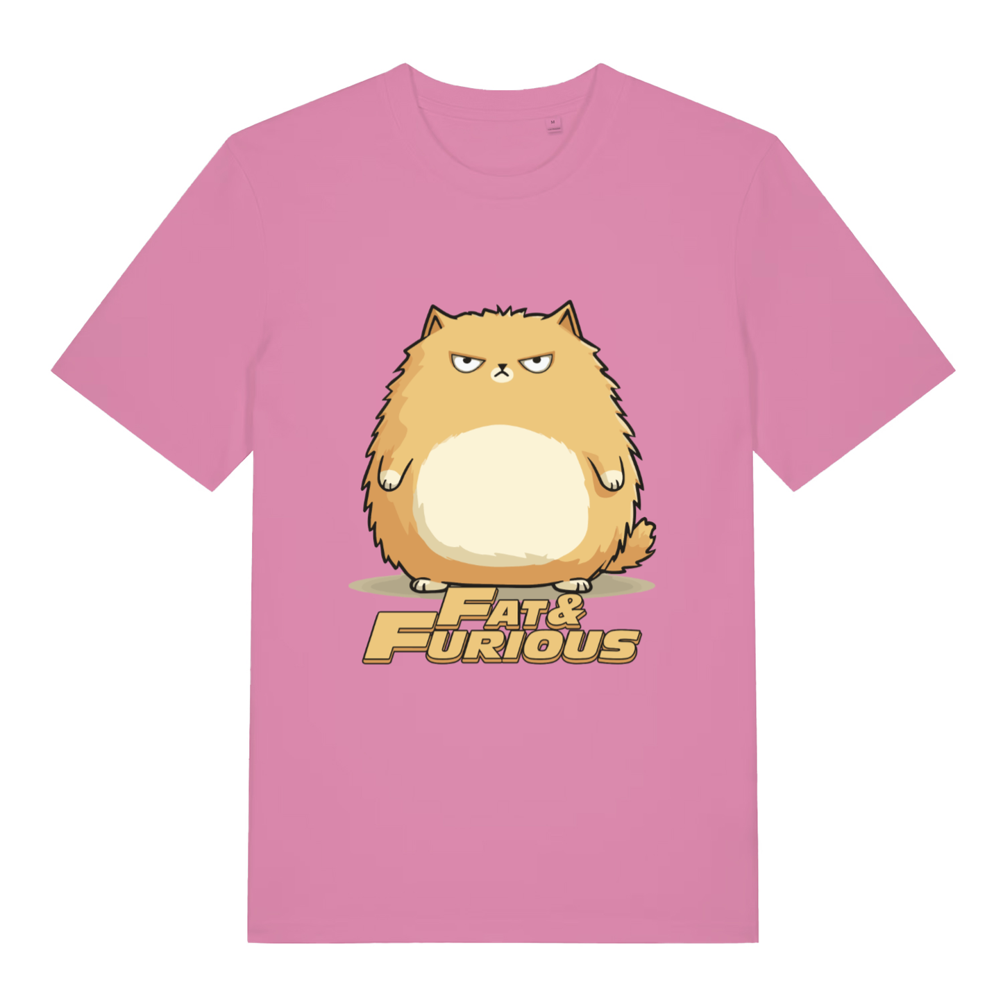 Bubble Pink women's Fat & Furious T-shirt flat lay featuring cute overweight furious feline design