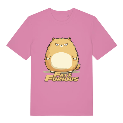 Bubble Pink women's Fat & Furious T-shirt flat lay featuring cute overweight furious feline design
