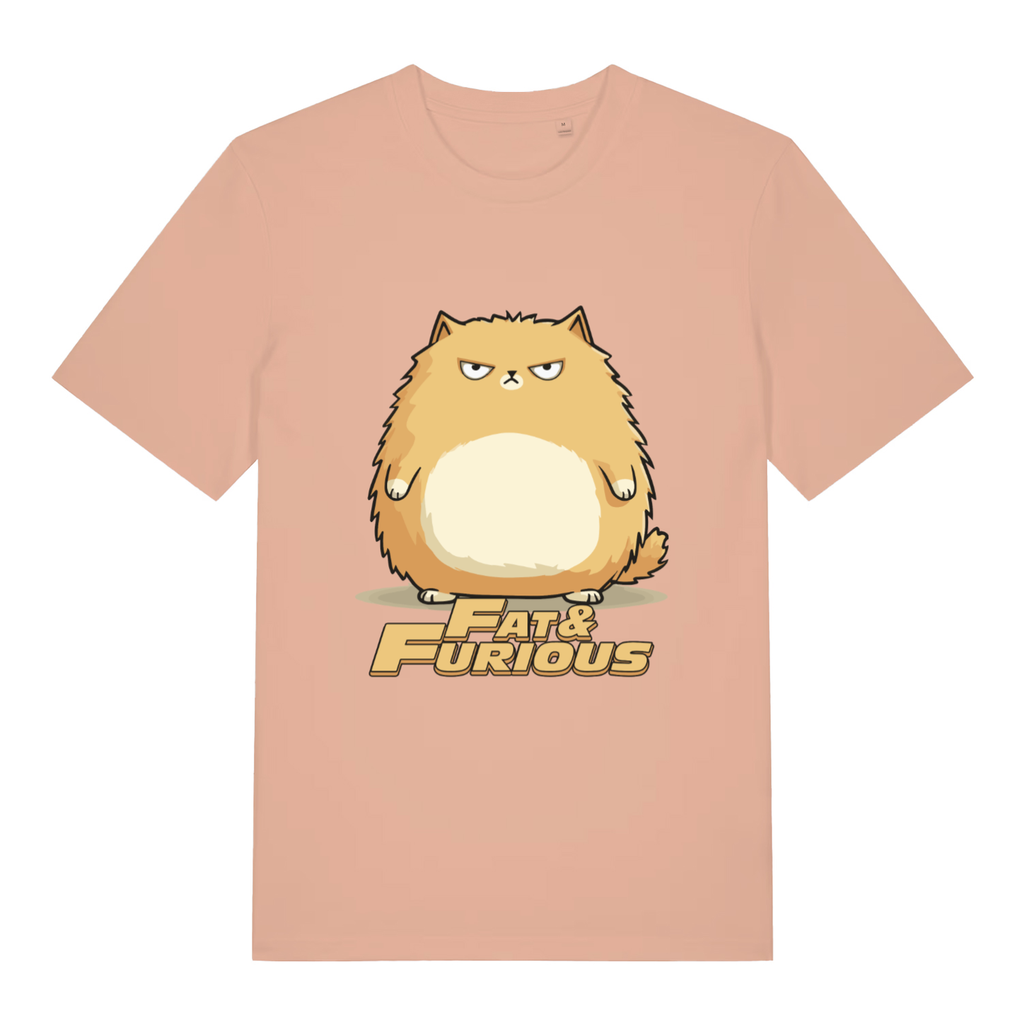 Fraiche Peche women's Fat & Furious T-shirt flat lay showing bold chonky cat illustration