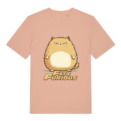 Fraiche Peche women's Fat & Furious T-shirt flat lay showing bold chonky cat illustration