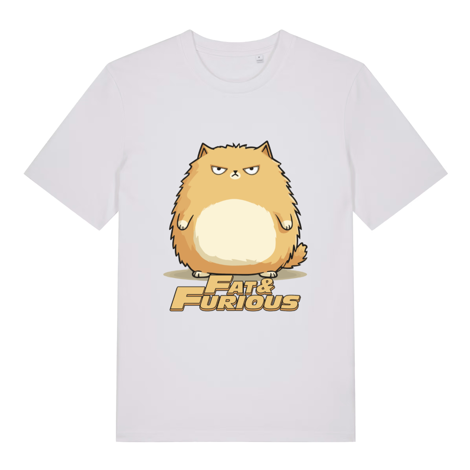 White women's Fat & Furious T-shirt flat lay displaying angry round cat graphic artwork
