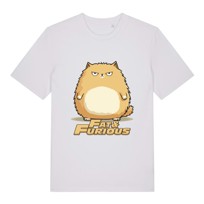 White women's Fat & Furious T-shirt flat lay displaying angry round cat graphic artwork