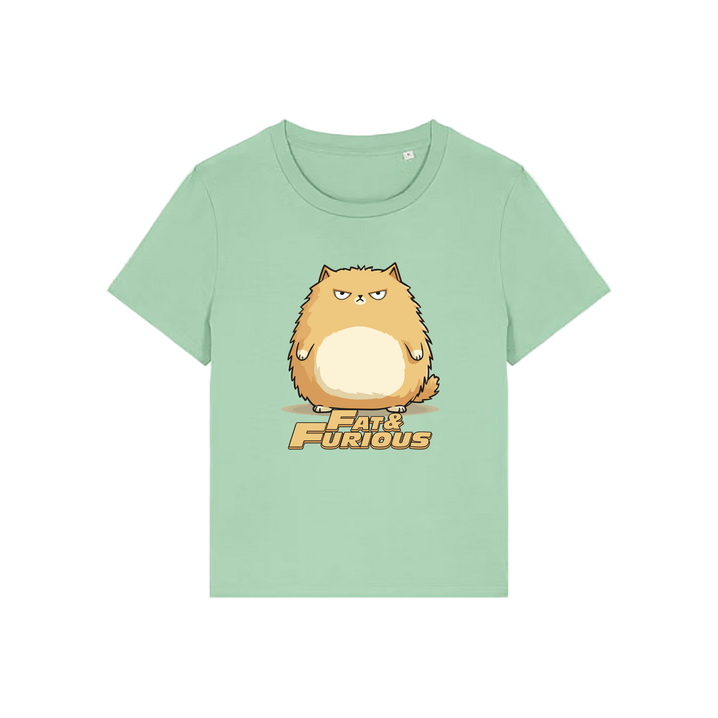 green funny animal t-shirt with the graphic of a cartoon cat and the slogan 'fat and furious'