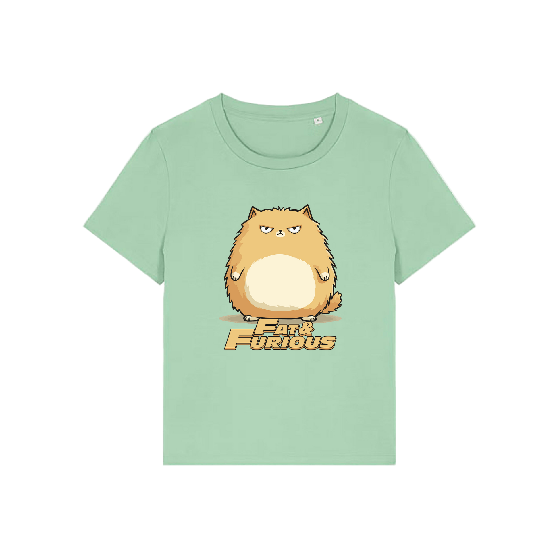 green funny animal t-shirt with the graphic of a cartoon cat and the slogan 'fat and furious'