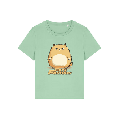 green funny animal t-shirt with the graphic of a cartoon cat and the slogan 'fat and furious'