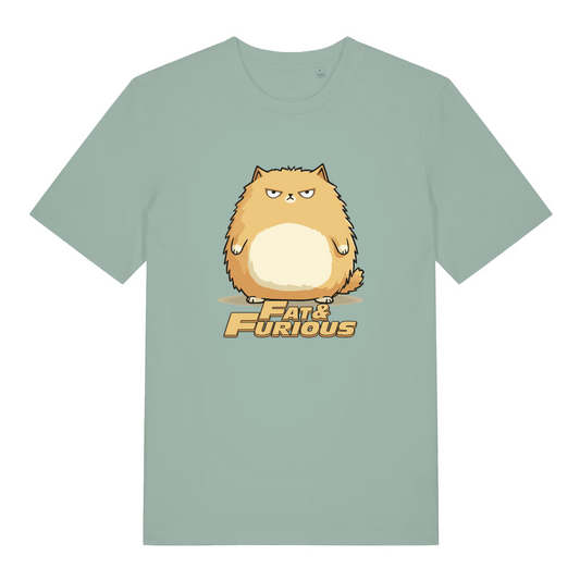 green women's funny animal t-shirt with the graphic of a fat ginger cat and the slogan 'fat and furious'