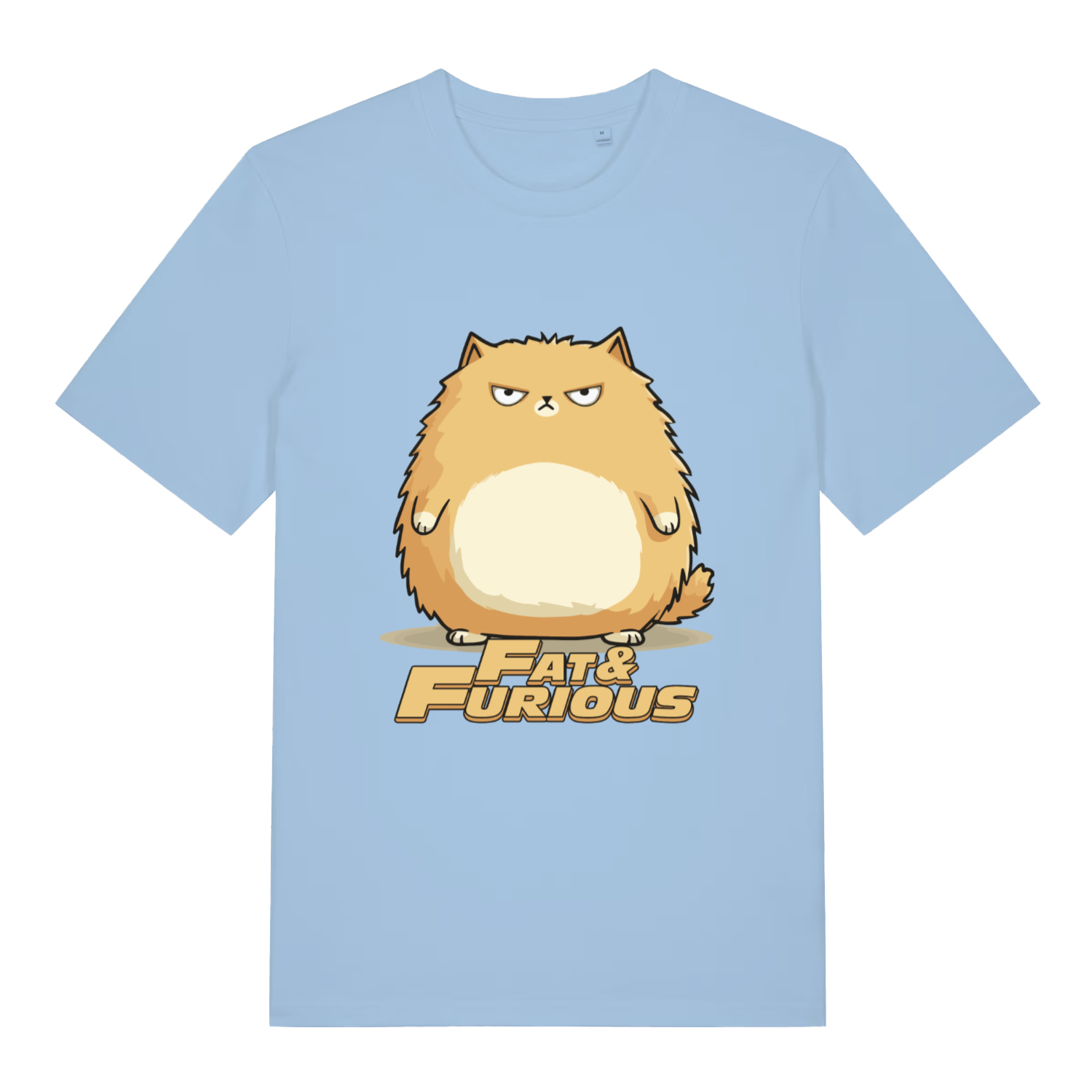 Light Blue women's Fat & Furious T-shirt flat lay with funny fat cat "Fat & Furious" slogan