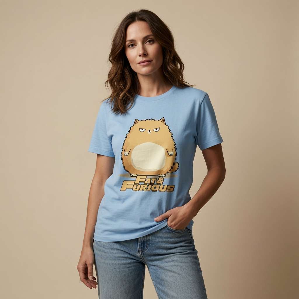 A woman modeling a light blue graphic t-shirt featuring the 'Fat Cat' character from the movie Fast & Furious, paired with blue jeans against a solid beige studio background.