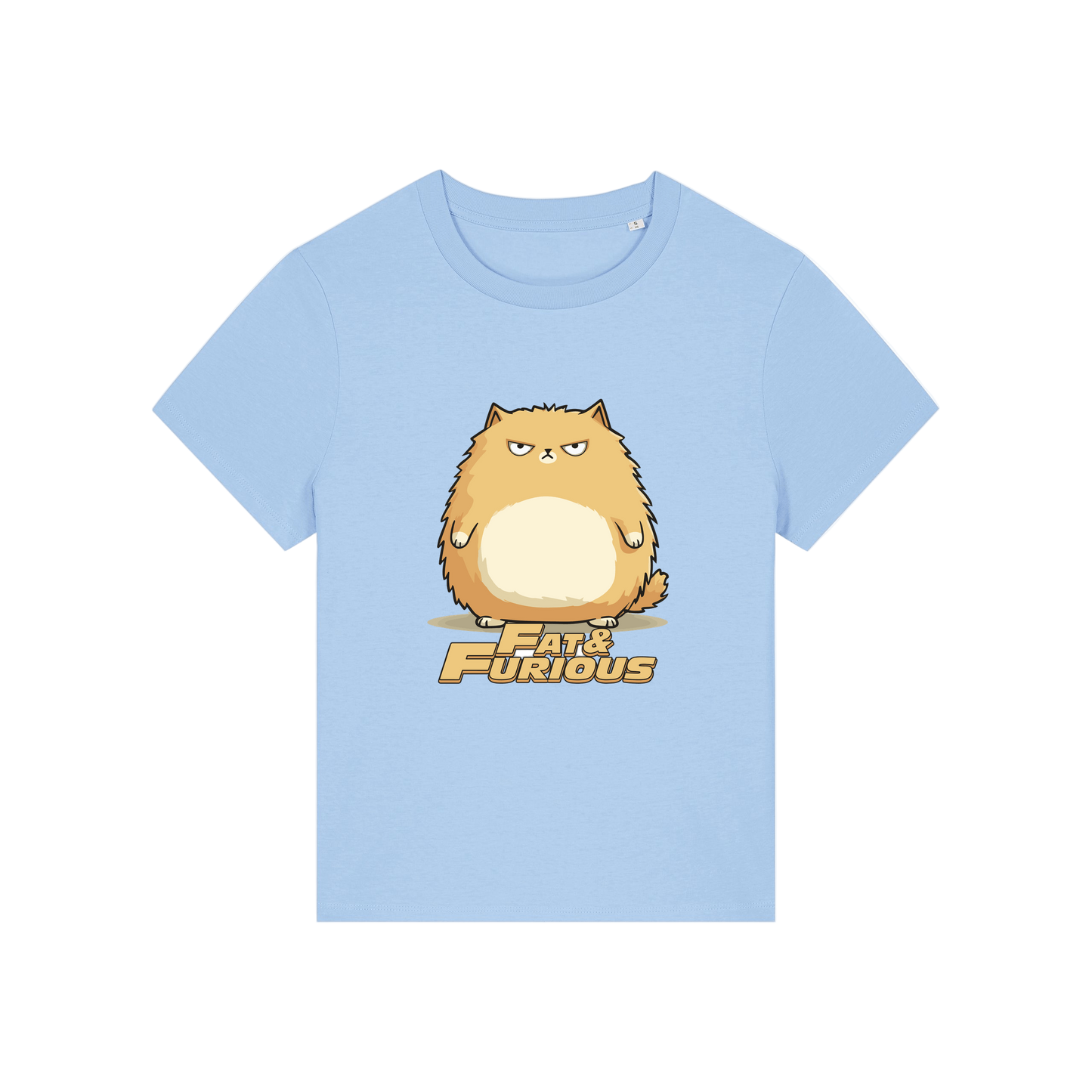 light blue funny animal t-shirt with the graphic of a cartoon cat and the slogan 'fat and furious'