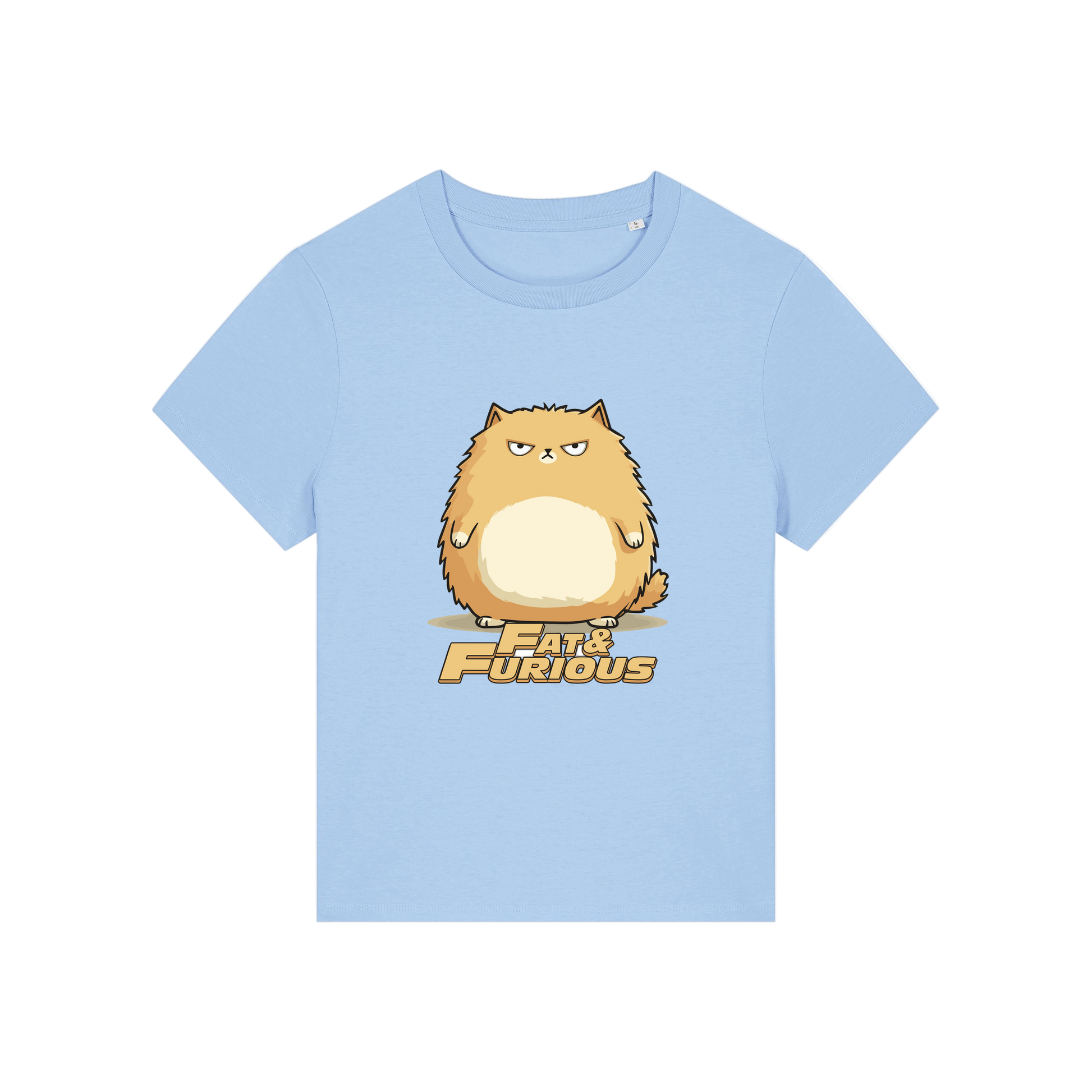 light blue funny animal t-shirt with the graphic of a cartoon cat and the slogan 'fat and furious'