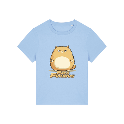 light blue funny animal t-shirt with the graphic of a cartoon cat and the slogan 'fat and furious'