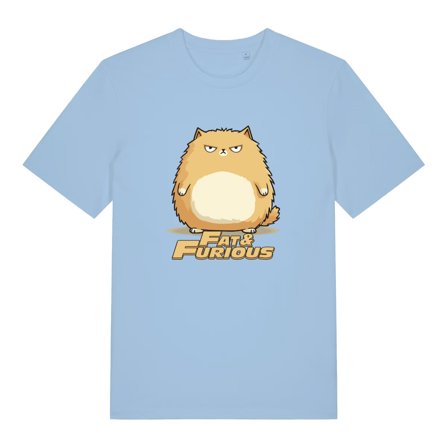 light blue women's funny animal t-shirt with the graphic of a fat ginger cat and the slogan 'fat and furious'