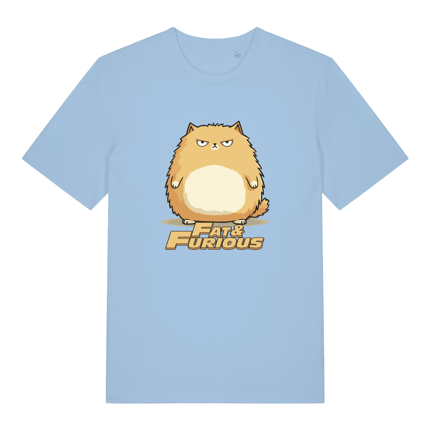 light blue women's funny animal t-shirt with the graphic of a fat ginger cat and the slogan 'fat and furious'