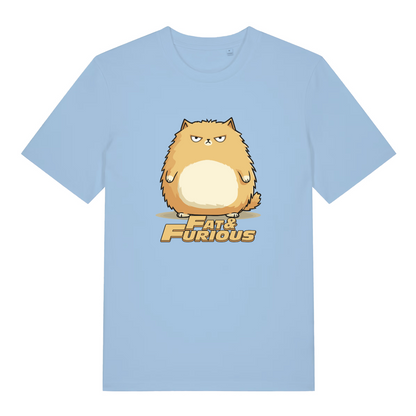 light blue women's funny animal t-shirt with the graphic of a fat ginger cat and the slogan 'fat and furious'