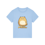 light blue funny animal t-shirt with the graphic of a cartoon cat and the slogan 'fat and furious'