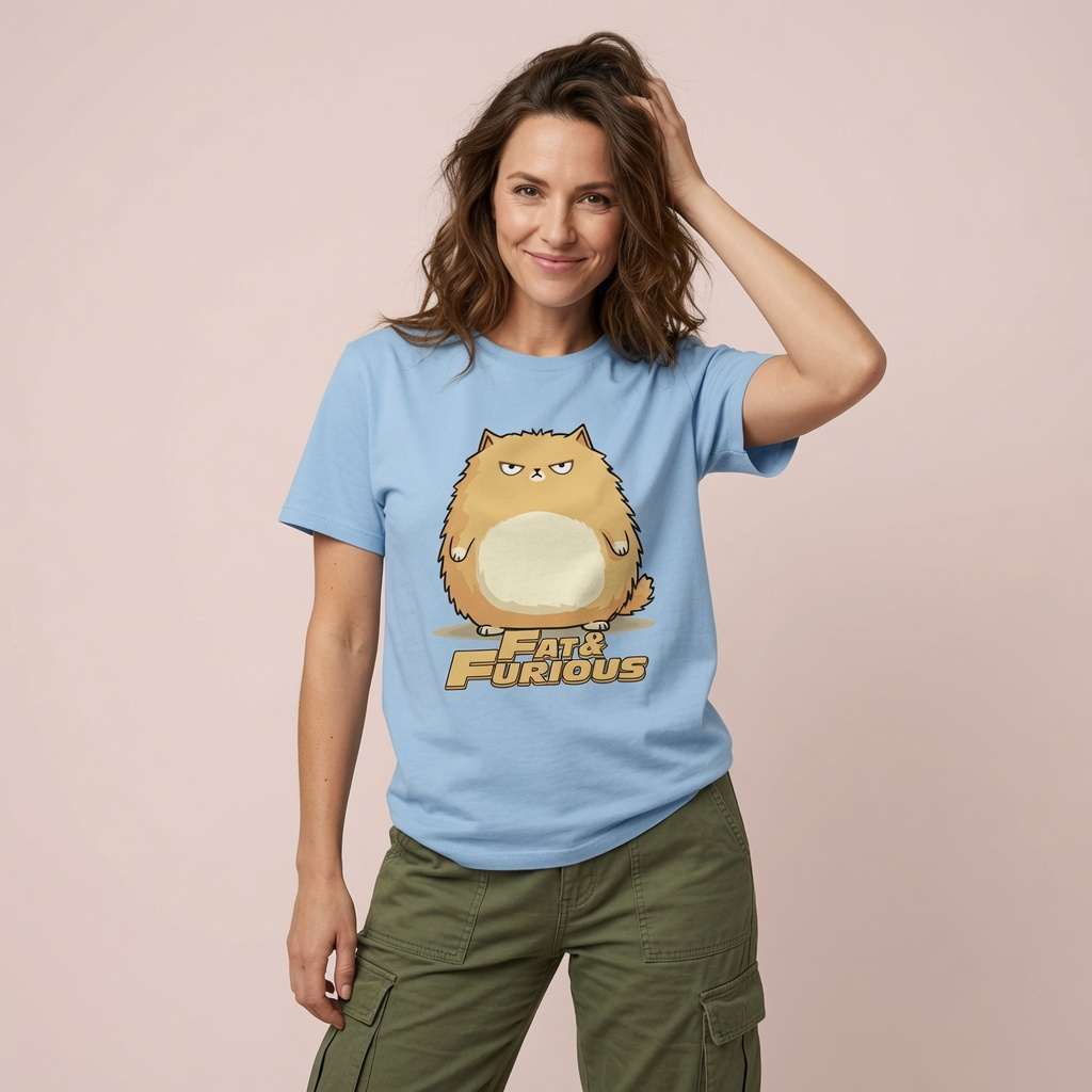 A woman modeling a light blue graphic t-shirt featuring the 'Fat & Furious' cartoon character, paired with olive green cargo pants, set against a solid pale pink background.