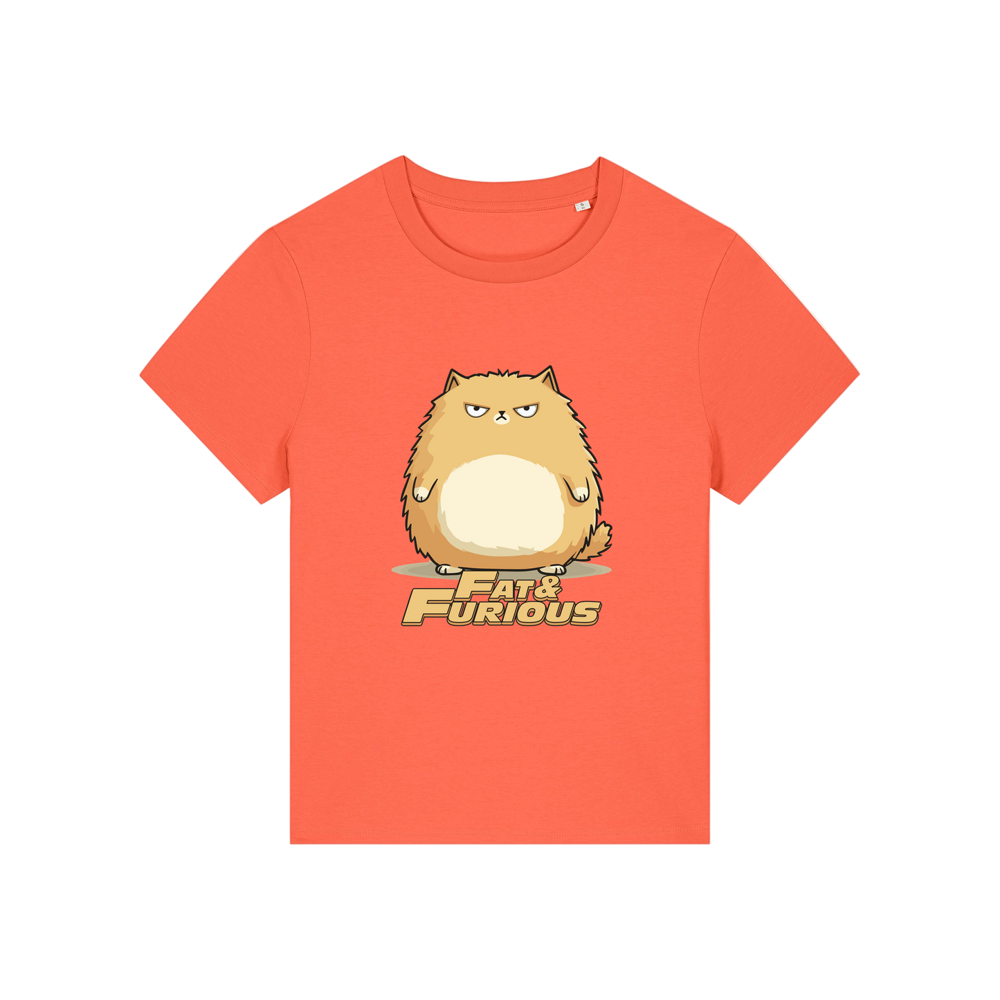 orange funny animal t-shirt with the graphic of a cartoon cat and the slogan 'fat and furious'