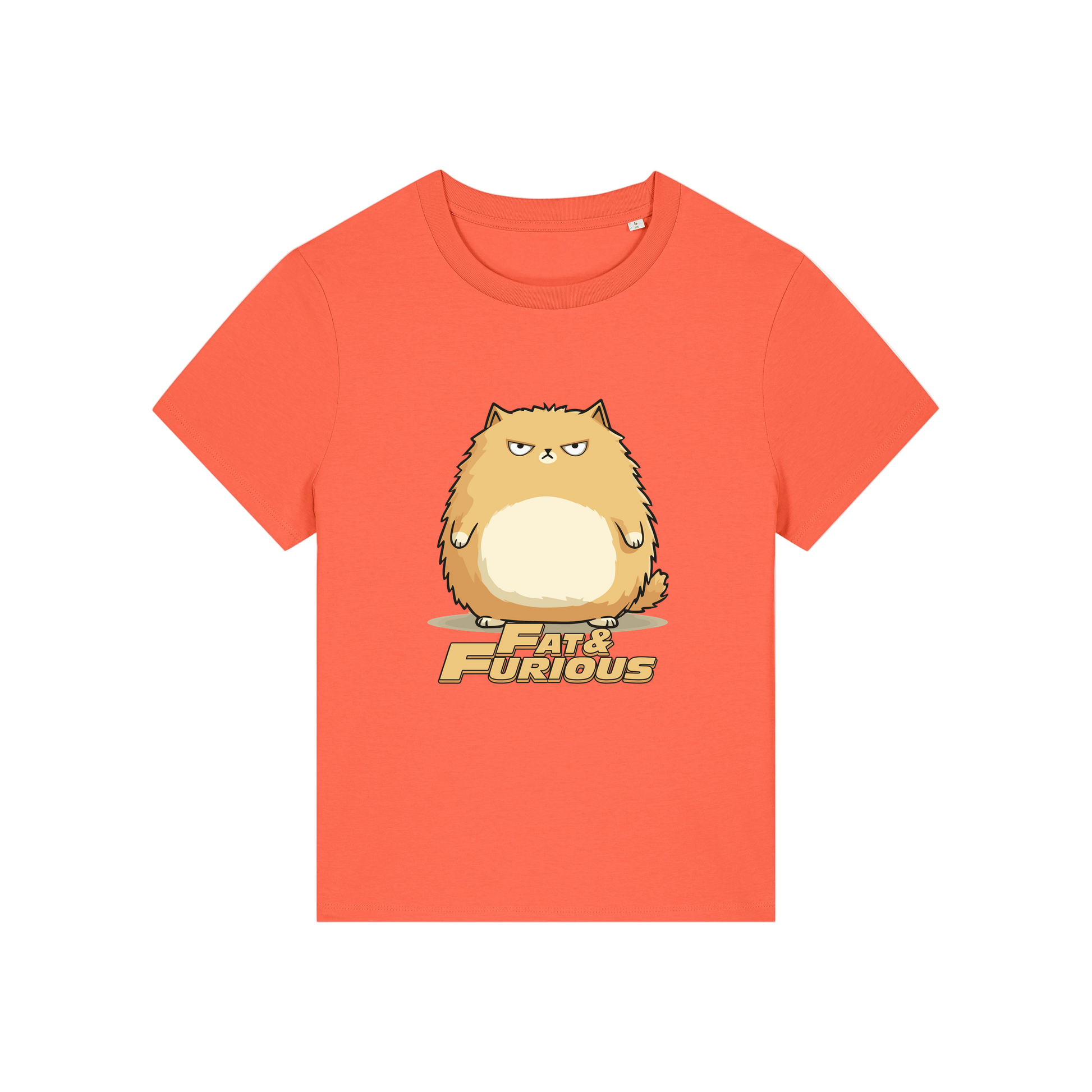 orange funny animal t-shirt with the graphic of a cartoon cat and the slogan 'fat and furious'