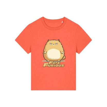 orange funny animal t-shirt with the graphic of a cartoon cat and the slogan 'fat and furious'